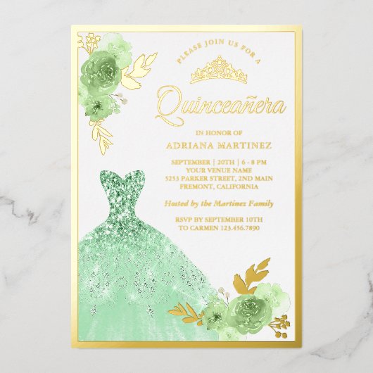 Minze Green Floral Sparkle Dress Quinceanera Gold Folieneinladung (Vorderseite)