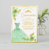 Minze Green Floral Sparkle Dress Quinceanera Gold Folieneinladung (Stehend vorne)