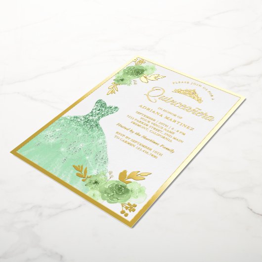 Minze Green Floral Sparkle Dress Quinceanera Gold Folieneinladung (Gedreht)