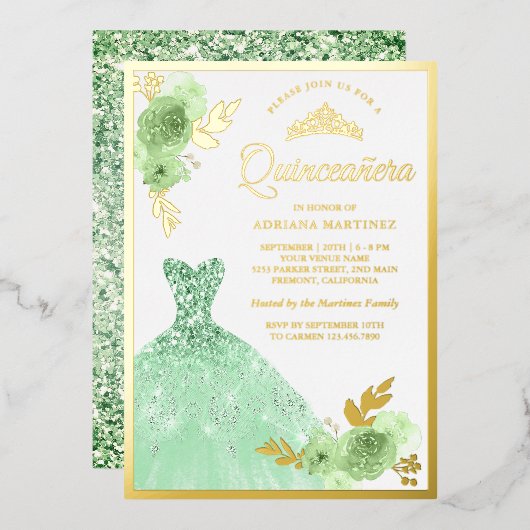 Minze Green Floral Sparkle Dress Quinceanera Gold Folieneinladung (Vorderseite/Rückseite)