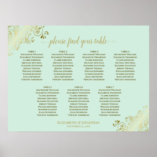 Minze Green & Gold 7 Table Wedding Chart Poster (Vorne)
