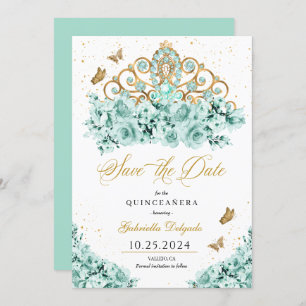 Minze Green & Gold Tiara Save the Date Quinceañera Einladung