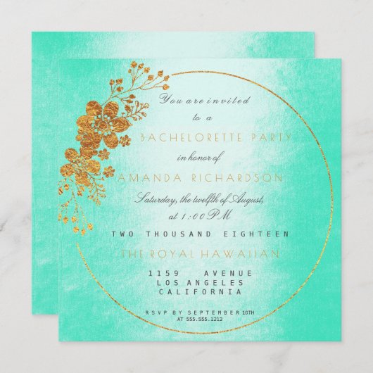 Minze Green Golden Floral Glam Junggeselinnen-Absc Einladung (Vorne/Hinten)