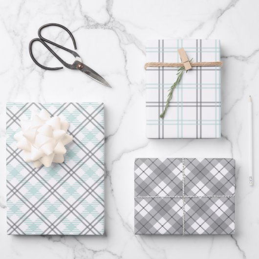 Minze Green & Gray Gingham Wrapping Paper Sheets Geschenkpapier Set (Vorderseite)
