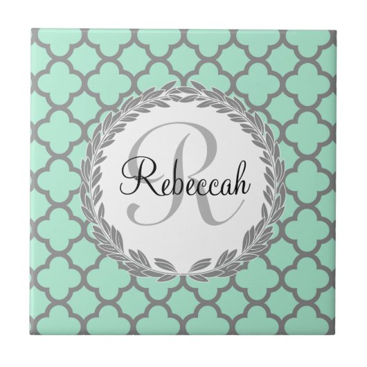 Minze Green Gray Quatrefoil Name Mit Monogramm Lau Fliese (Vorderseite)