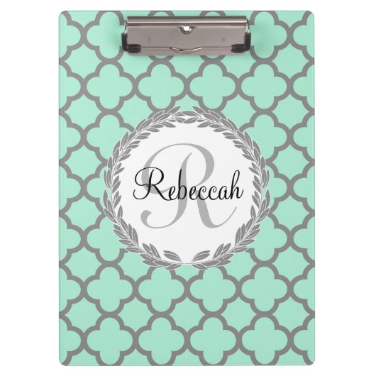 Minze Green Gray Quatrefolienname Mit Monogramm La Klemmbrett (Vorderseite)