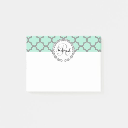 Minze Green Gray Quatrefolienname Mit Monogramm La Post-it Klebezettel (Vorderseite)
