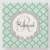 Minze Green Gray Quatrefolienname Mit Monogramm La Steinuntersetzer (Vorderseite)