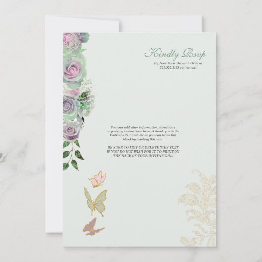 Minze Green & Lavender Rose Butterfly Quinceanera Einladung (Rückseite)