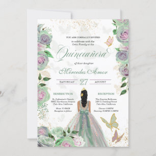 Minze Green & Lavender Rose Butterfly Quinceanera Einladung