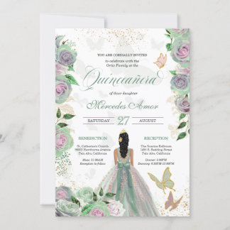 Minze Green & Lavender Rose Butterfly Quinceanera Einladung
