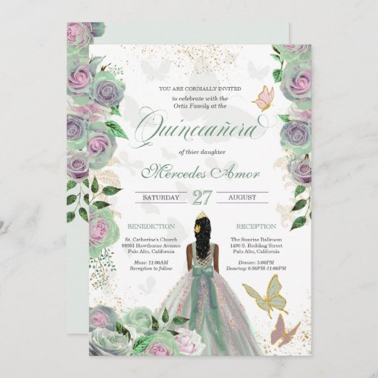 Minze Green & Lavender Rose Butterfly Quinceanera Einladung (Vorne/Hinten)