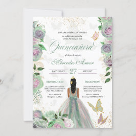 Minze Green & Lavender Rose Butterfly Quinceanera Einladung