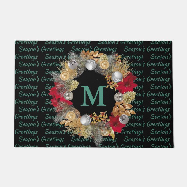 Minze Green MONOGRAM Weihnachtskranz Fußmatte (Vorderseite)