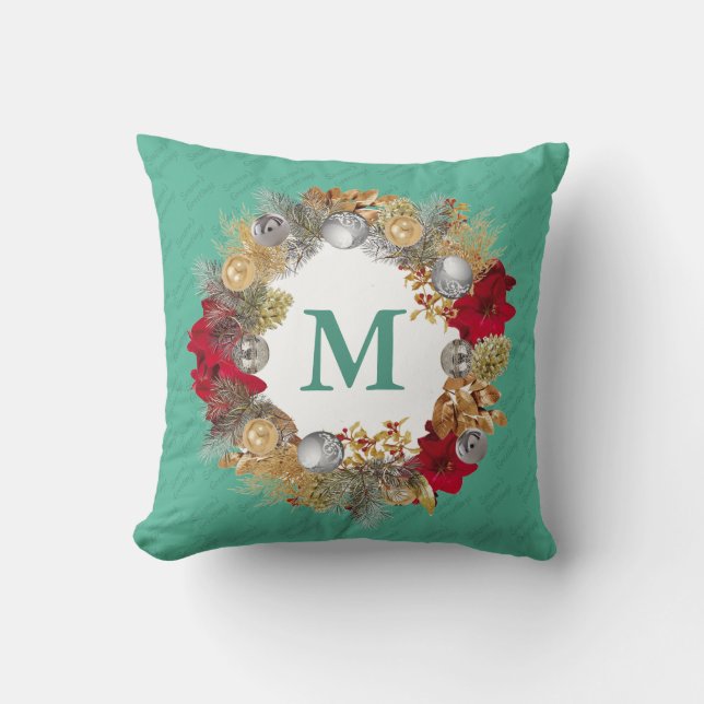 Minze Green MONOGRAM Weihnachtskranz Kissen (Vorderseite)