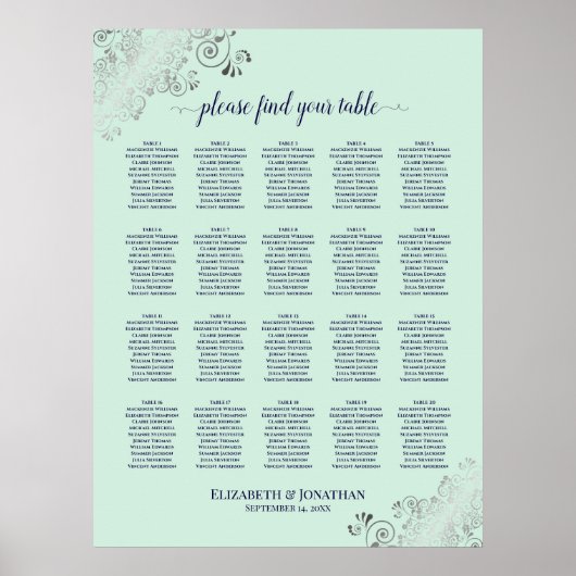 Minze Green & Navy 20 Table Hochzeitstabelle Poster (Vorne)