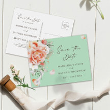 Minze Green & Peach Floral Save the Date Postkarte
