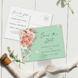 Minze Green & Peach Floral Save the Date Postkarte