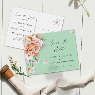 Minze Green & Peach Floral Save the Date Postkarte