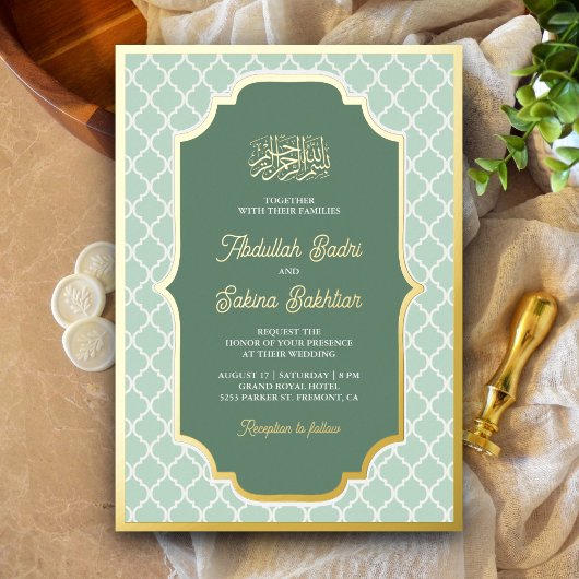 Minze Green Quatrefoil Muster muslimische Hochzeit Folieneinladung