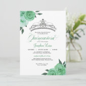 Minze Green Rose Silver Tiara Quinceañera Geburtst Einladung (Stehend Vorderseite)