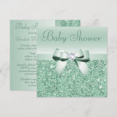 Minze Green Sequins, Bow & Diamond Baby Dusche Einladung (Vorne/Hinten)