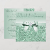 Minze Green Sequins, Bow & Diamond Brautparty Einladung (Vorne/Hinten)