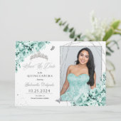 Minze Green Silver Quinceañera Save the Date Foto Einladung (Stehend Vorderseite)