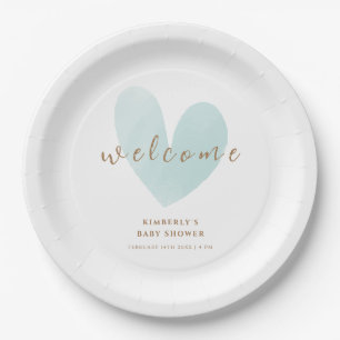 Minze Green Simple Heart Welcome Baby Dusche Pappteller