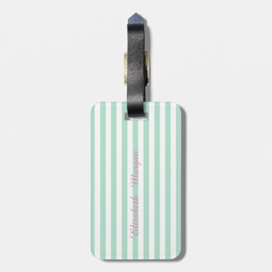 Minze Green Striped Monogram Personalisiert Gepäckanhänger (Rückseite vertikal)