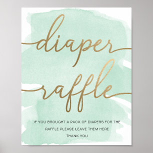 Minze Green Watercolor Gold Diaper Raffle Poster
