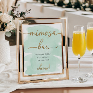 Minze Green Watercolor Gold Mimosa Bar Sign Poster