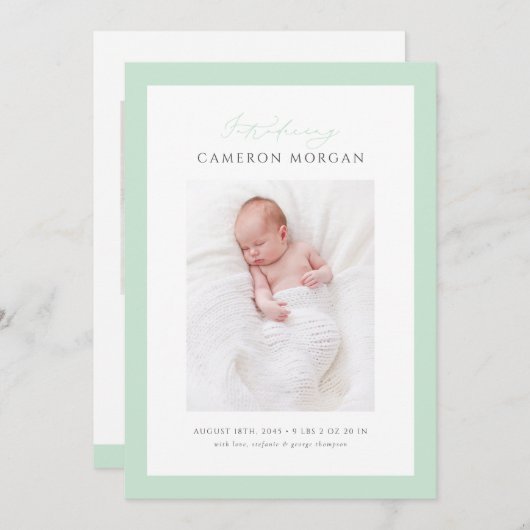 Minze Green Whimsical Calligraphy Foto Baby Birth Ankündigung (Vorne/Hinten)