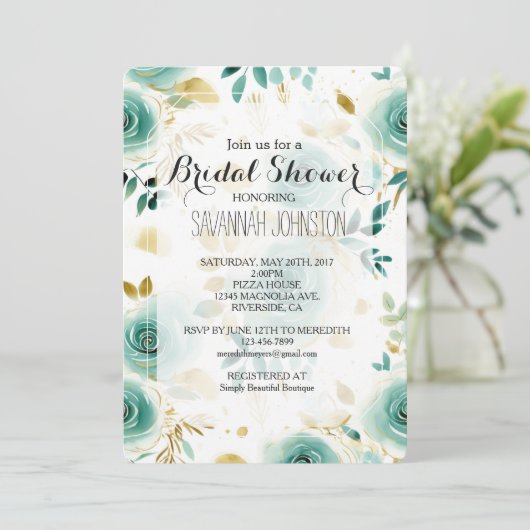 Minze Green White Gold Rose Brautparty Einladung (Stehend Vorderseite)