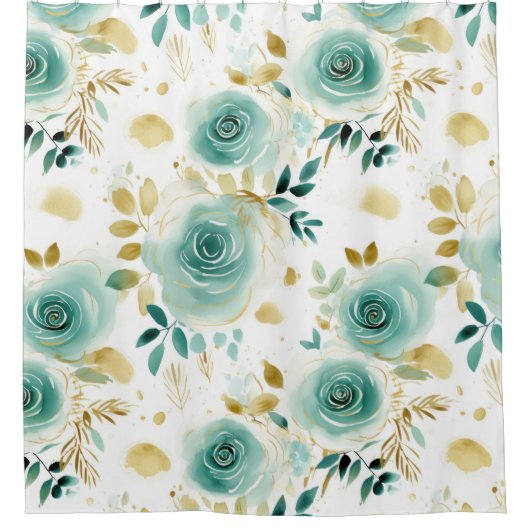 Minze Green White Gold Rose Floral Duschvorhang (Vorderseite)