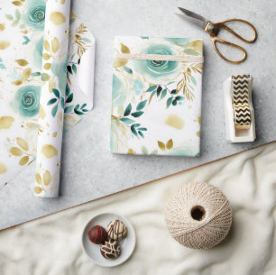 Minze Green White Gold Rose Floral Geschenkpapier
