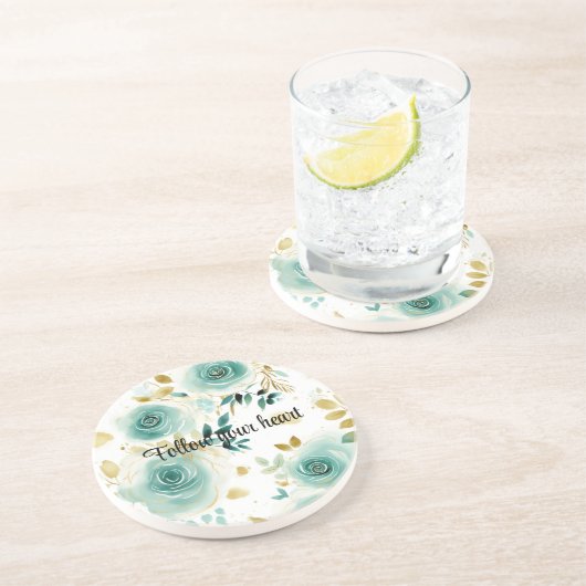 Minze Green White Gold Rose Floral Getränkeuntersetzer (Seite)
