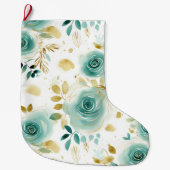 Minze Green White Gold Rose Floral Großer Weihnachtsstrumpf (Vorderseite)