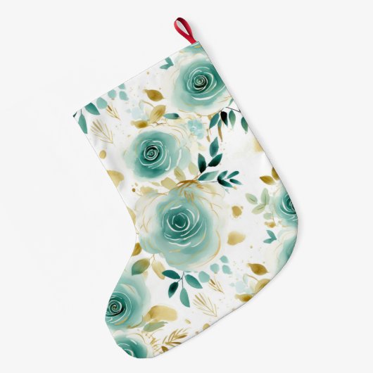 Minze Green White Gold Rose Floral Großer Weihnachtsstrumpf (Rückseite (Hängend))