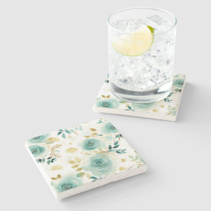 Minze Green White Gold Rose Floral Steinuntersetzer