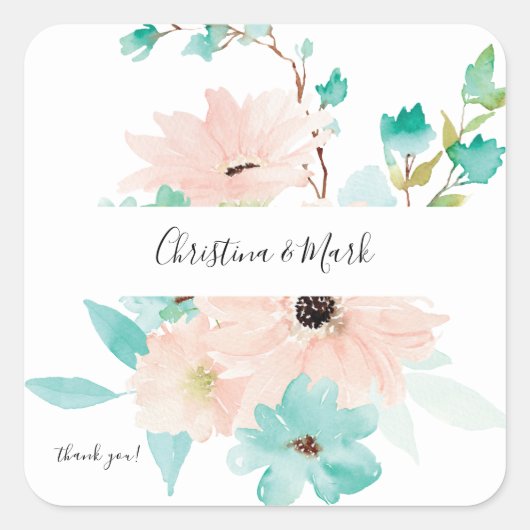Minze Grün & Rosa Floral Vielen Dank 2 Quadratischer Aufkleber (Vorderseite)