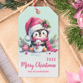 Minze Grün und Pink Fun Pinguin Weihnachten Geschenkanhänger
