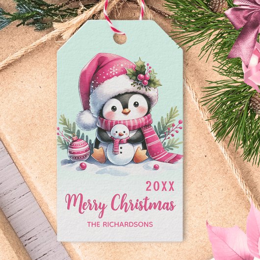 Minze Grün und Pink Fun Pinguin Weihnachten Geschenkanhänger