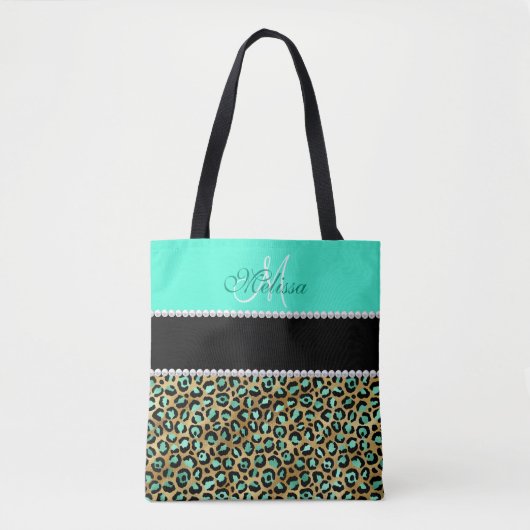 Minze, grün und schwarz Leopard Mit Monogramm Tasche (Vorderseite)
