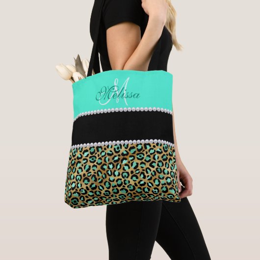 Minze, grün und schwarz Leopard Mit Monogramm Tasche (Von Nahem)