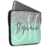 Minze Grün und Silver Glitzer Ombre Monogram Laptopschutzhülle (Vorne Rechts)