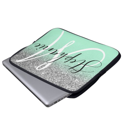 Minze Grün und Silver Glitzer Ombre Monogram Laptopschutzhülle (Vorne Knopf)