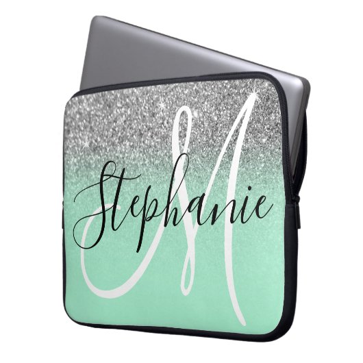 Minze Grün und Silver Glitzer Ombre Monogram Laptopschutzhülle (Vorderseite Links)