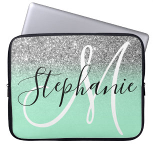 Minze Grün und Silver Glitzer Ombre Monogram Laptopschutzhülle