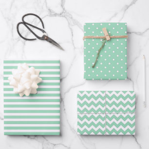 Minze, grün und weiß Streifen Polka Dot Zickzack Geschenkpapier Set